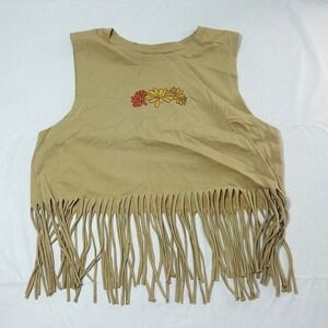La Luna Women Tan Fringe Muscle Tank Top Boho Graphic Raise Your Energy M 113025